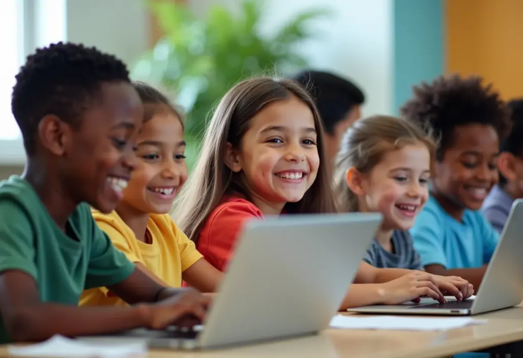 Programação para crianças: o guia divertido (e fácil!) para começar Crianças diversas aprendendo programação de forma divertida.