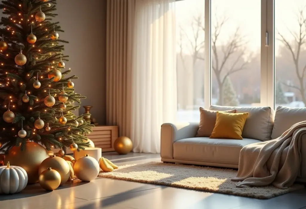 Decoração de Natal dourada: o toque de luxo que sua casa merece Decoração de Natal dourada em sala de estar elegante