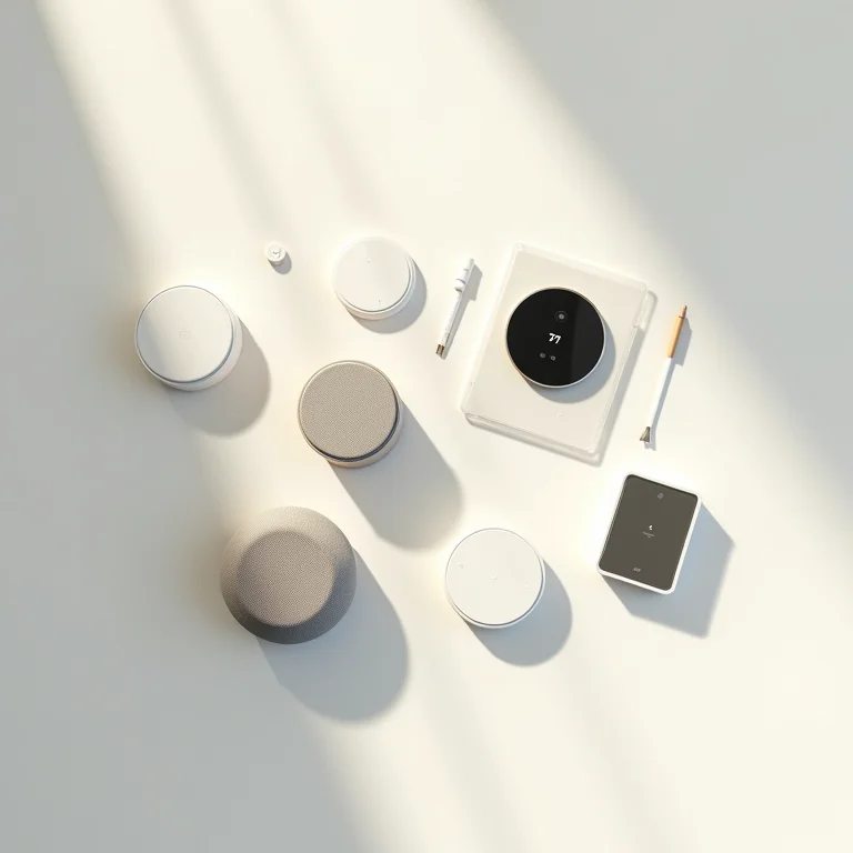 Dispositivos de automação residencial dispostos em um flat lay