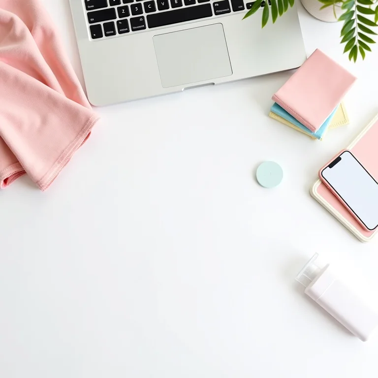 Dispositivos digitais organizados com materiais de limpeza