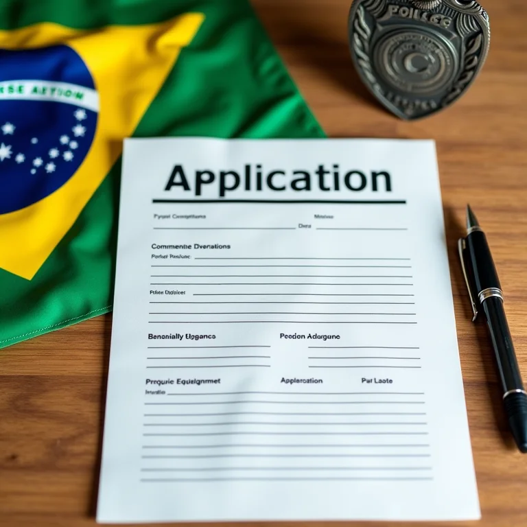 Distintivo da PM, formulário de inscrição e bandeira do Brasil em uma mesa