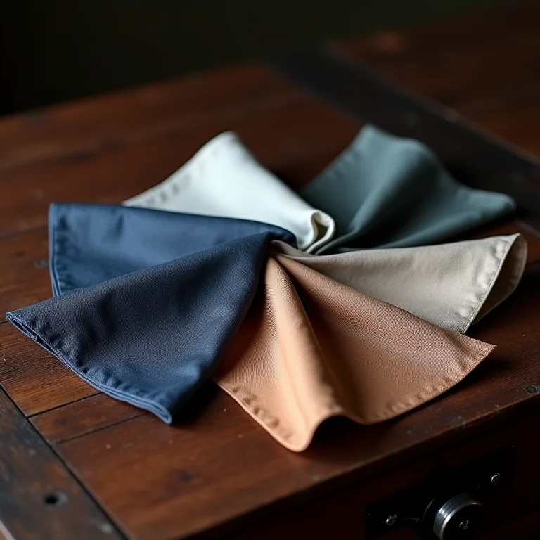 Diversos lenços de bolso dobrados em diferentes tecidos.