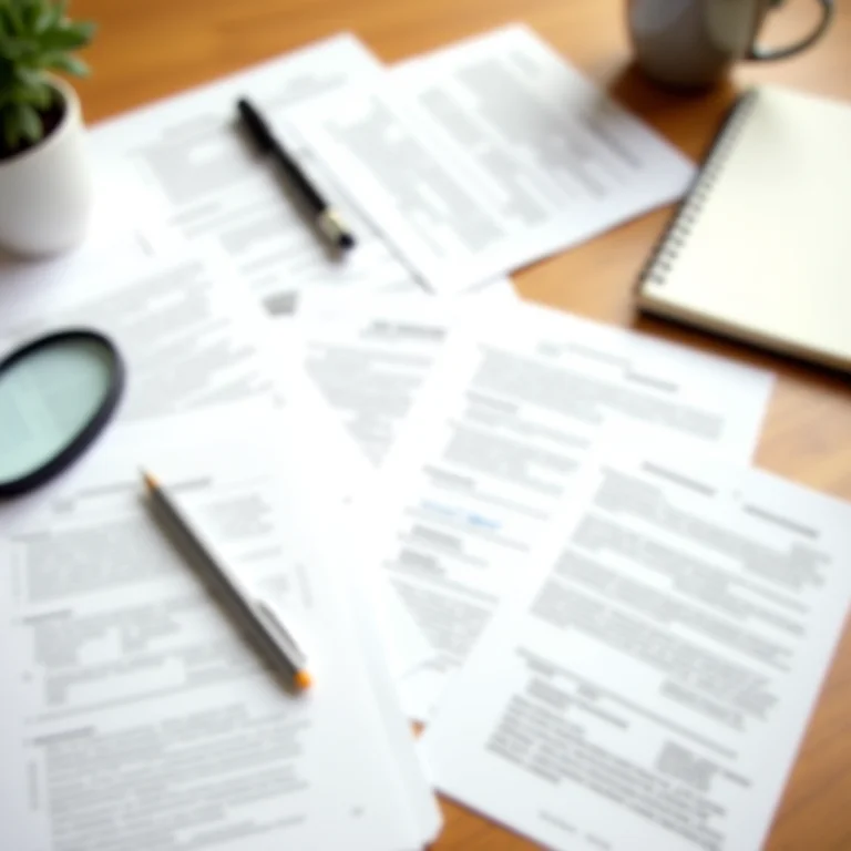 Documentos de imóvel com lupa, caneta e caderno