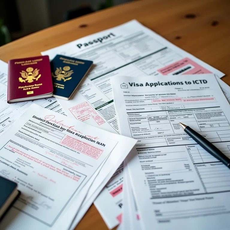 Documentos de passaporte e formulários de visto organizados em uma mesa