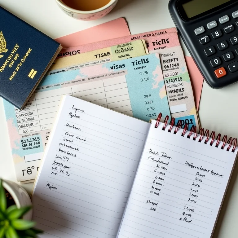 Documentos de viagem essenciais, calculadora e bloco de notas com cálculos de despesas