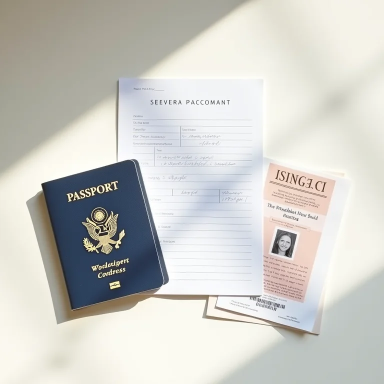 Documentos essenciais para tirar o passaporte organizados em uma mesa