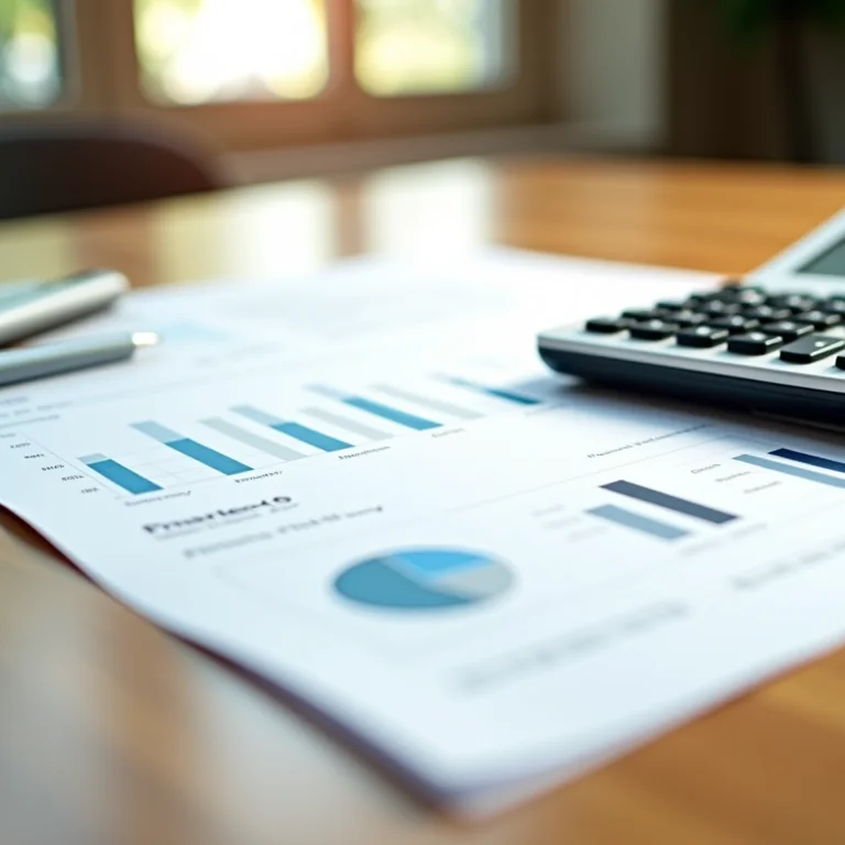 Documentos financeiros e calculadora em mesa de madeira