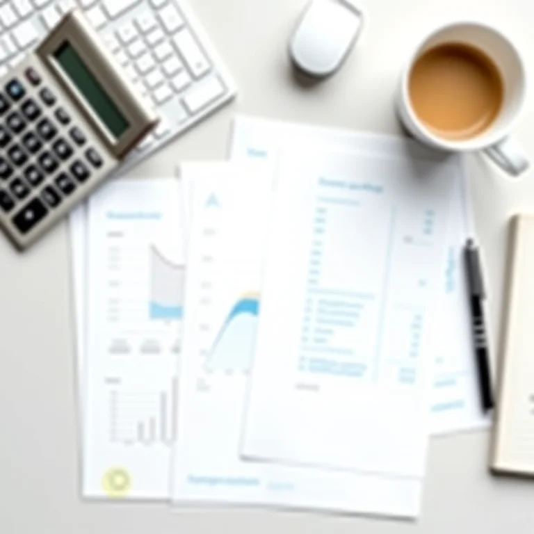 Documentos financeiros organizados em uma mesa minimalista.