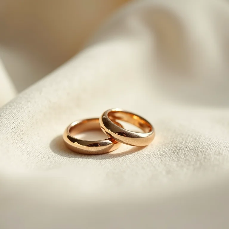 Duas alianças de casamento entrelaçadas sobre tecido de linho.