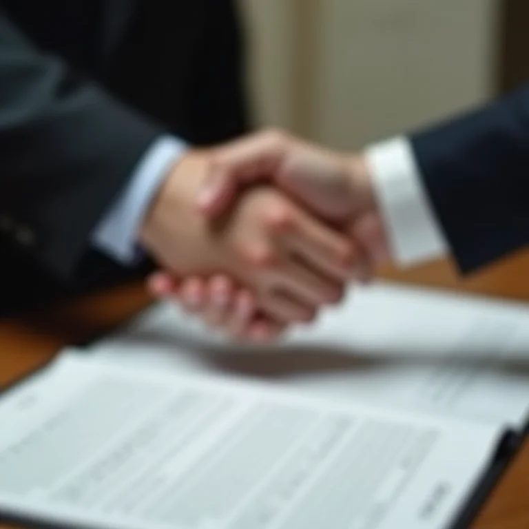Duas mãos se cumprimentando sobre um acordo assinado.