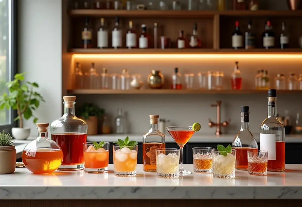 Decoração de bar em casa: 5 erros que você precisa evitar Elegante bar em casa com iluminação suave.