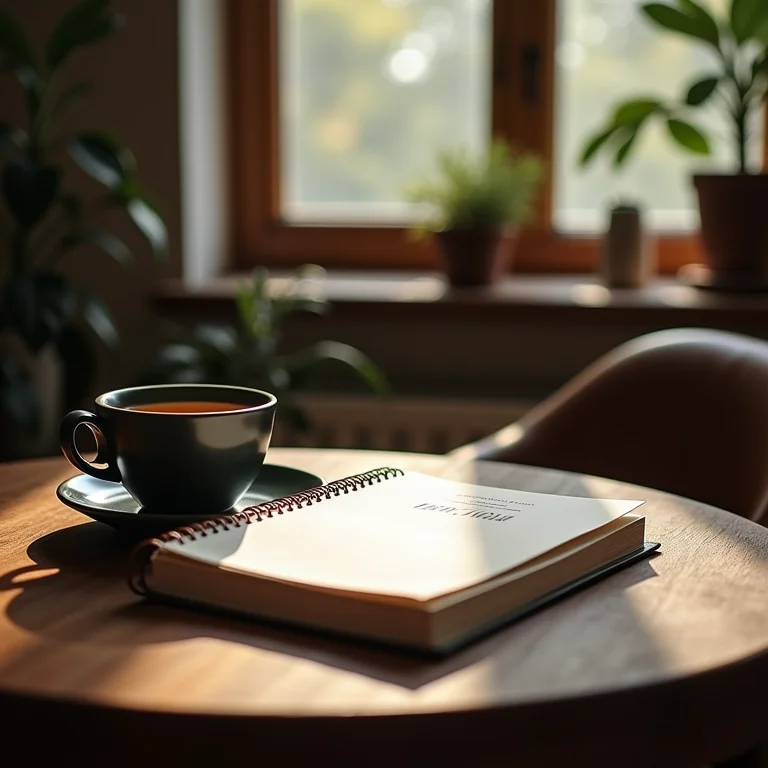 Equipamento de fotografia de paisagem em mesa de madeira com journal e chá