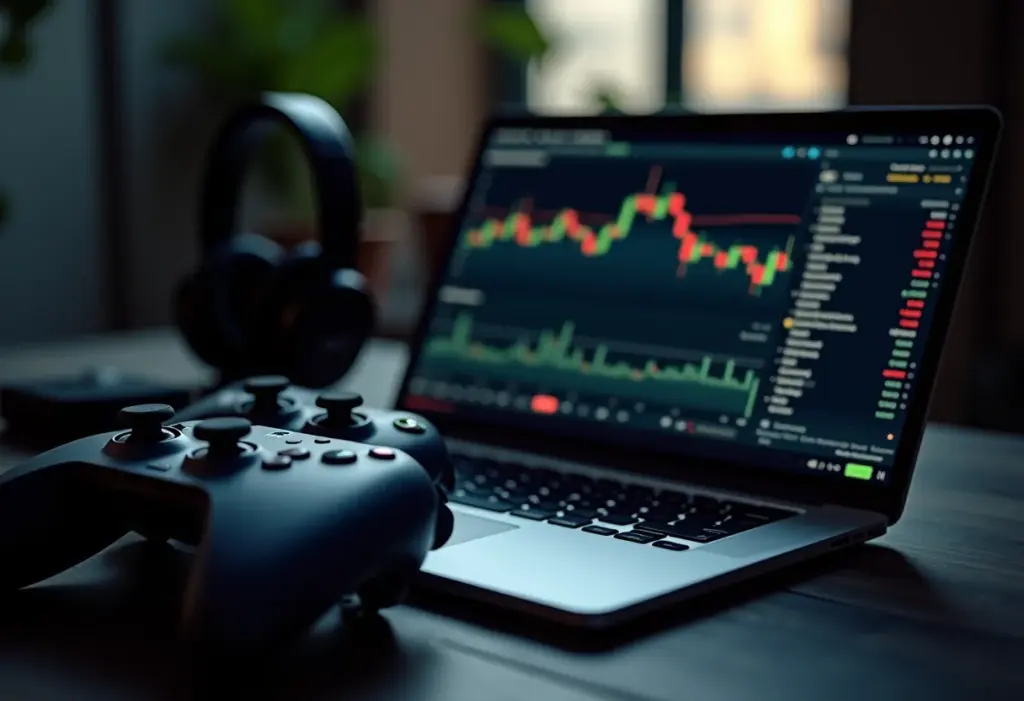 Investir em empresas de games: o guia para lucrar nesse mercado Equipamentos de jogos e laptop simbolizando investimento no mercado de games