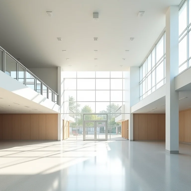 Escola moderna com espaços abertos, representando exemplos de escolas inovadoras.