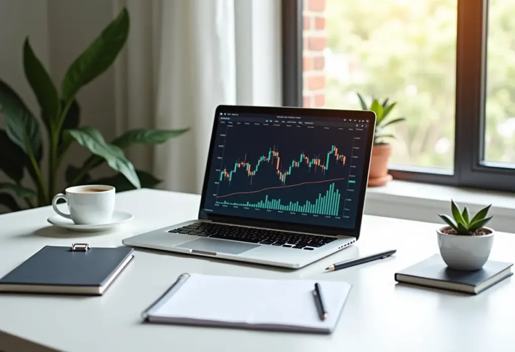 Espaço de trabalho minimalista com foco em finanças e organização.