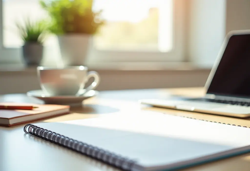 Espaço de trabalho minimalista com laptop e planner, focado em produtividade