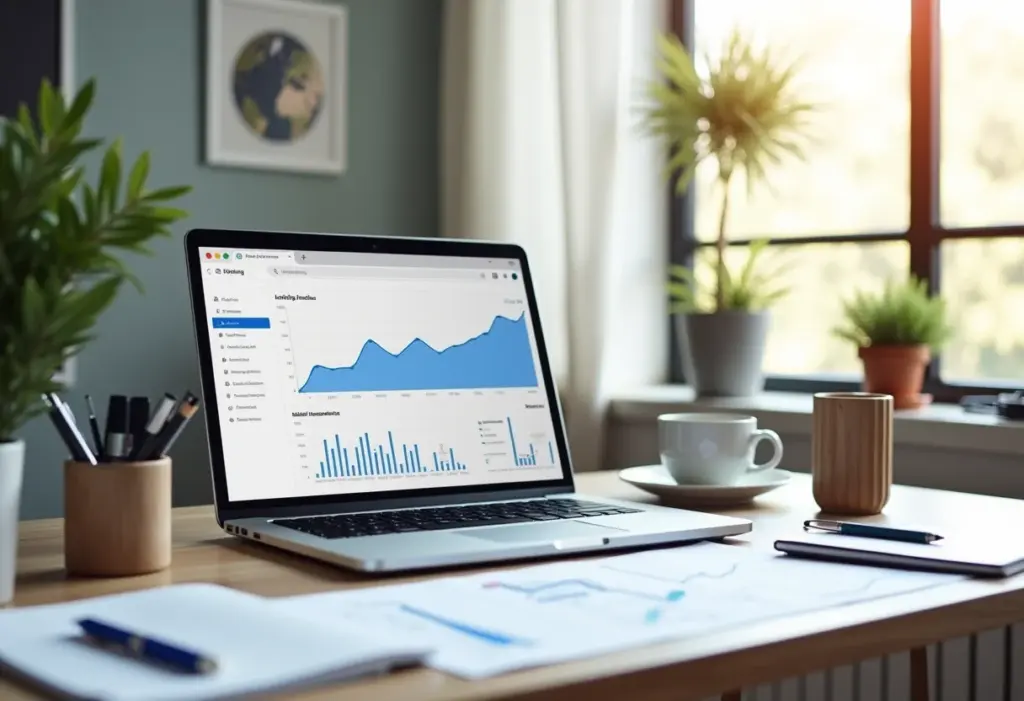 SEO: O guia definitivo para atrair mais clientes ao seu site Espaço de trabalho moderno com laptop mostrando análises de SEO