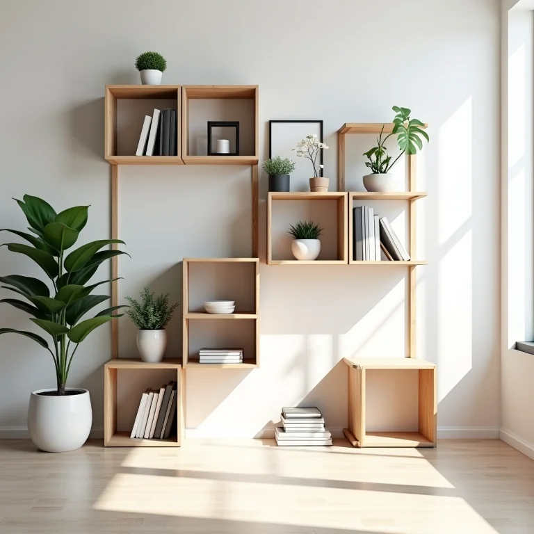 Estantes modulares em sala de estar.