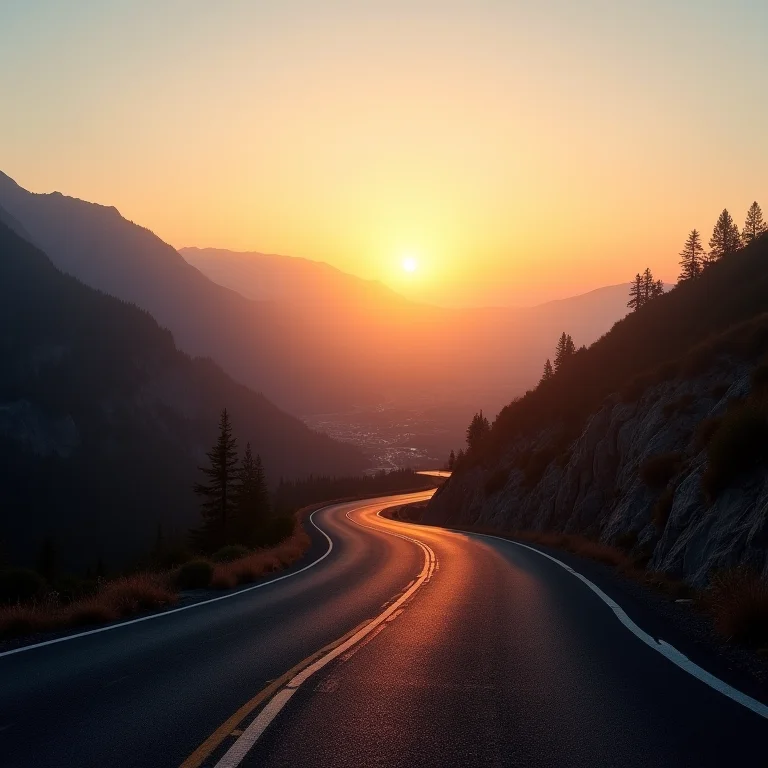 Estrada sinuosa nas montanhas ao nascer do sol