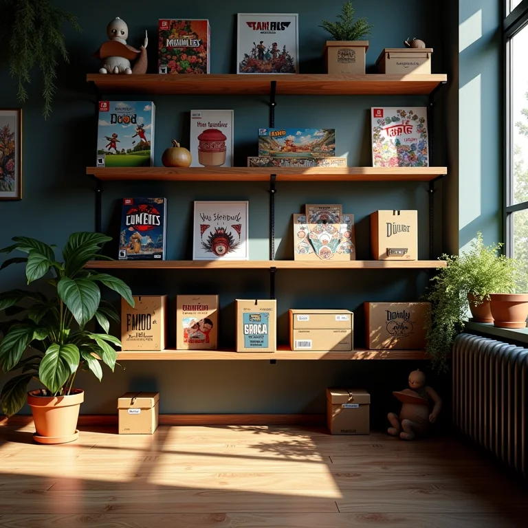 Estúdio de publicadora de jogos com diversos materiais promocionais