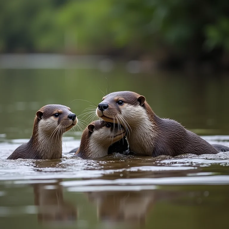 Família de ariranhas nadando no rio Amazonas