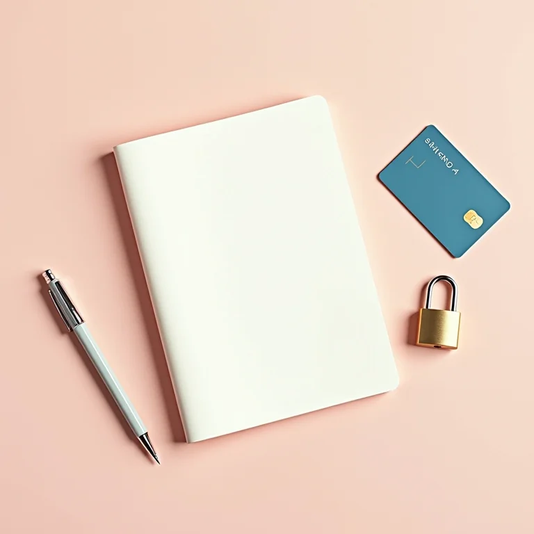 Ferramentas de planejamento financeiro de viagem: caderno, caneta, cartão de crédito e cadeado