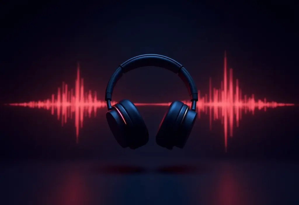 Áudio espacial: o que é e como ele vai mudar seus fones Fones de ouvido sem fio flutuando em um estúdio escuro com visualização de ondas sonoras.