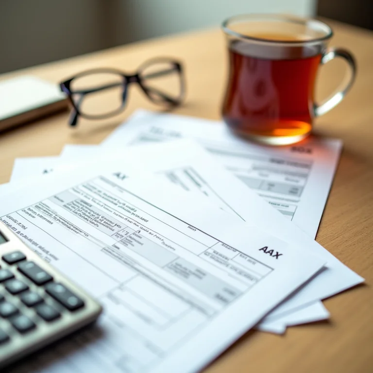 Formulários de imposto de renda e calculadora.