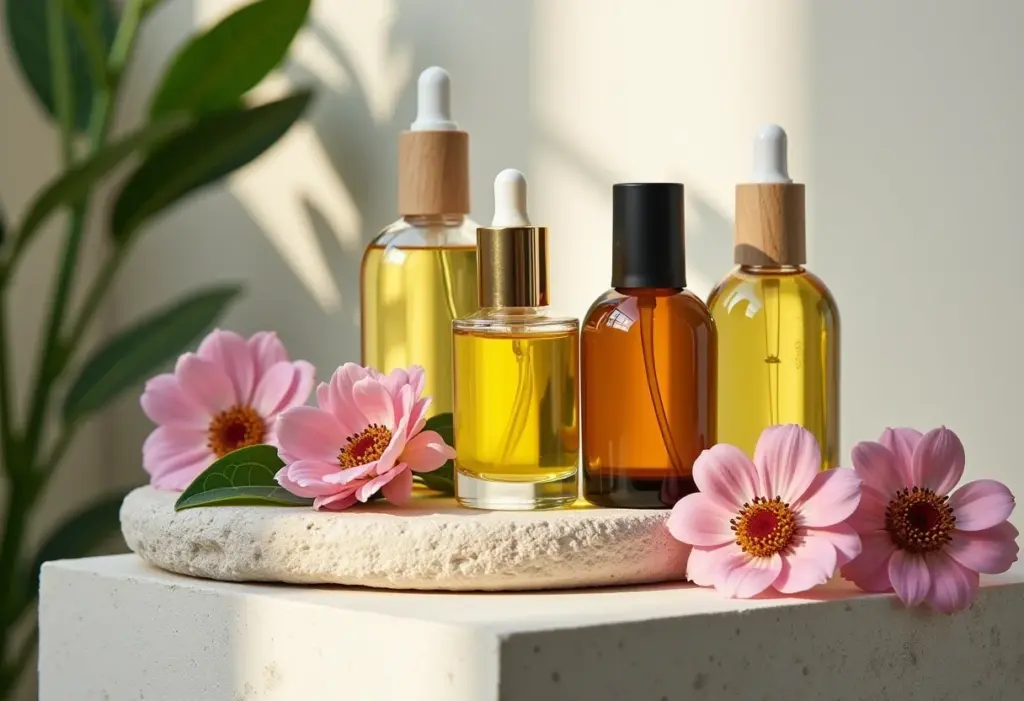 Frascos de óleos de banho variados dispostos sobre uma superfície de pedra com flores e folhas.