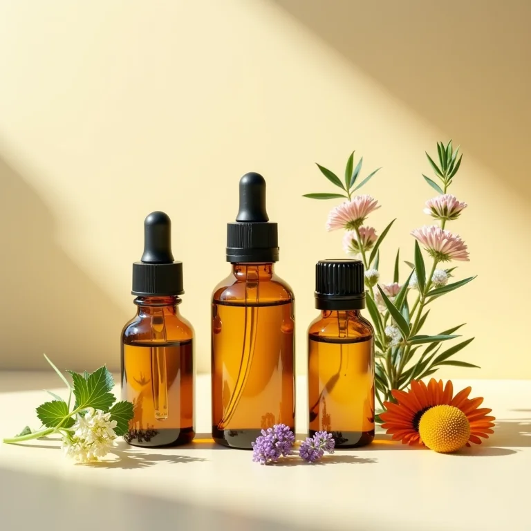 Frascos de óleos essenciais com ervas e flores frescas.