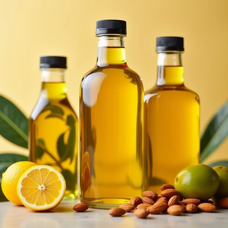 Frascos de óleos vegetais e ingredientes naturais.