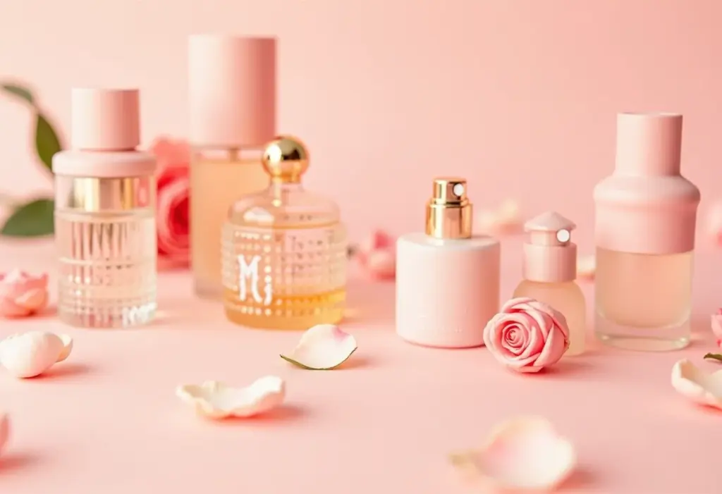 Perfumes Florais: Guia dos melhores femininos para você arrasar Frascos de perfumes florais femininos em composição minimalista com pétalas de rosa.