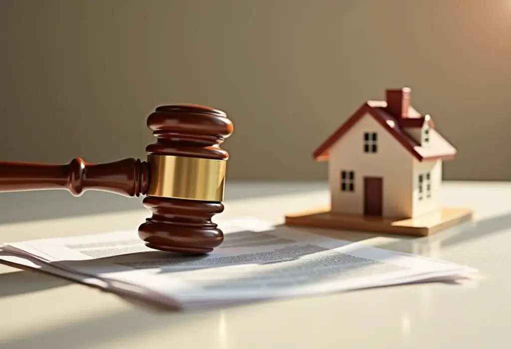 Gavel de juiz batendo em bloco de som ao lado de documentos e miniatura de casa.