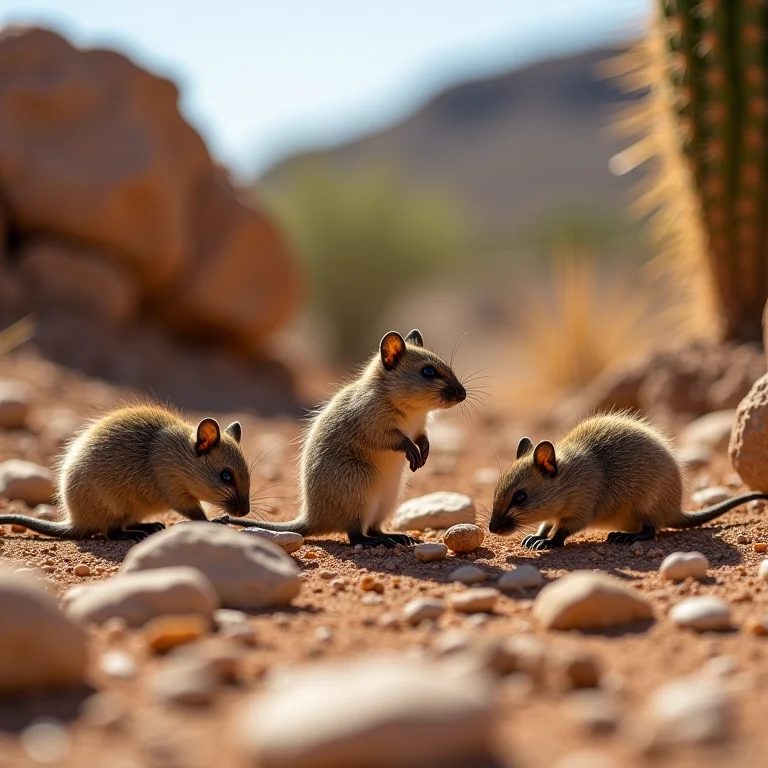 Grupo de Mocós procurando comida entre as pedras e cactos da Caatinga.