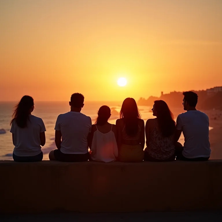 Grupo de pessoas aproveitando o pôr do sol em uma cidade costeira no México