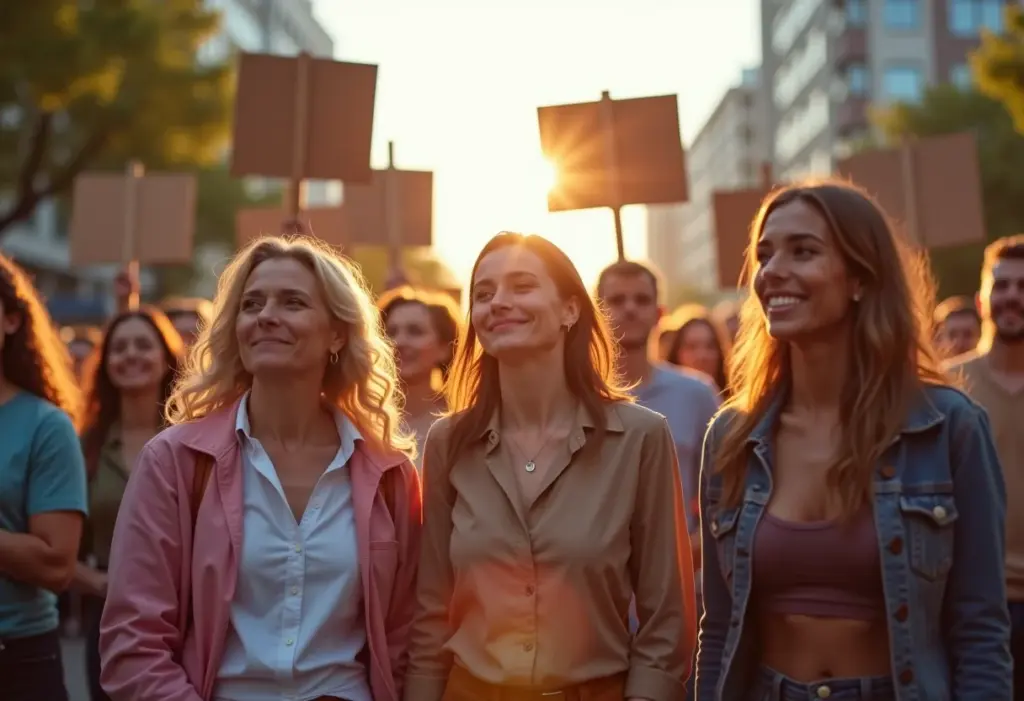 Educação em Direitos Humanos: O Guia Definitivo para Cidadãos Conscientes Grupo diversificado de pessoas protestando por direitos humanos