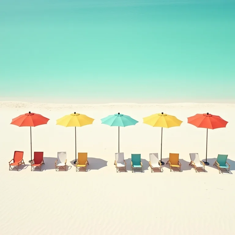 Guarda-sóis e cadeiras coloridas em uma praia intocada do Espírito Santo