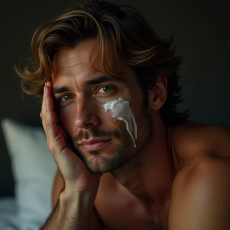 Homem branco com cabelo ondulado aplicando creme noturno no rosto