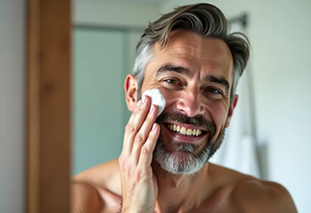 Pele masculina após os 40: o guia definitivo de cuidados Homem maduro cuidando da pele em banheiro minimalista