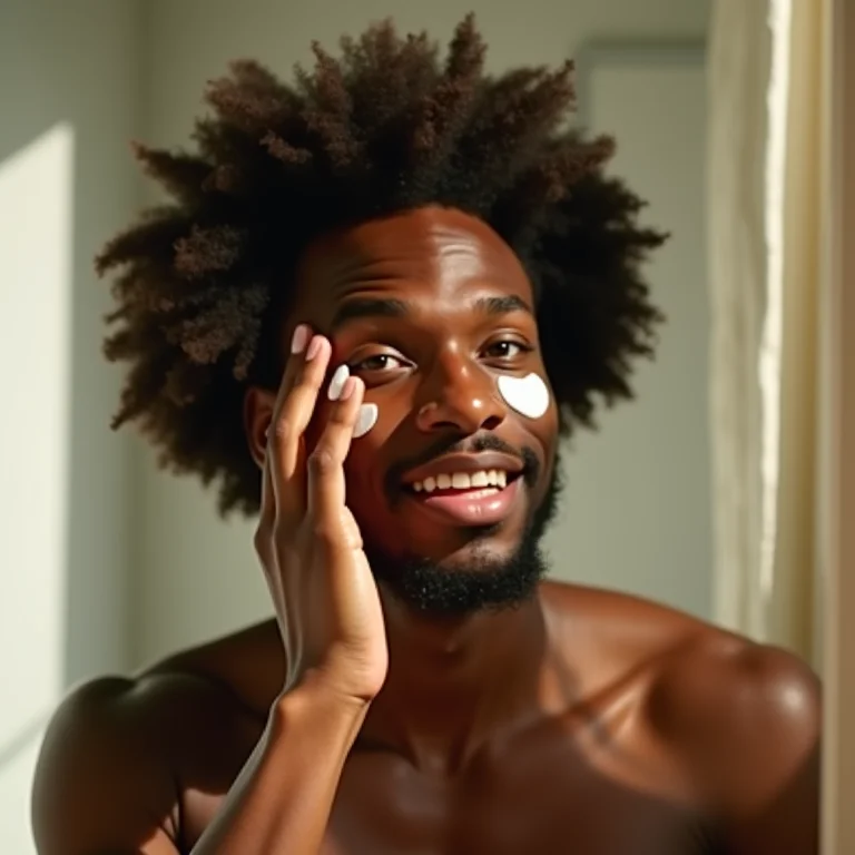 Homem negro com cabelo crespo aplicando protetor solar no rosto