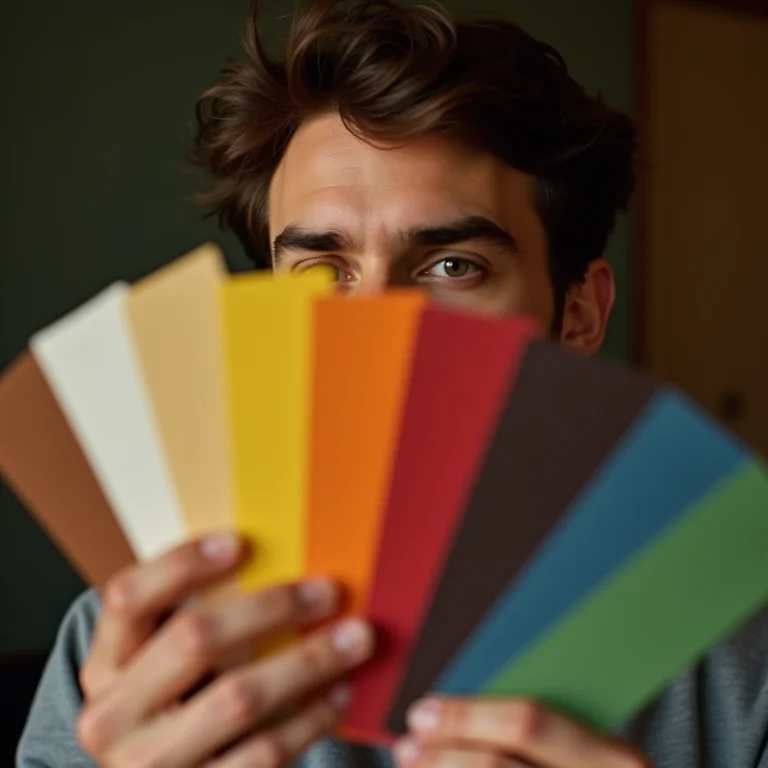 Homem testando amostras de cores perto do rosto para descobrir sua estação de coloração pessoal.