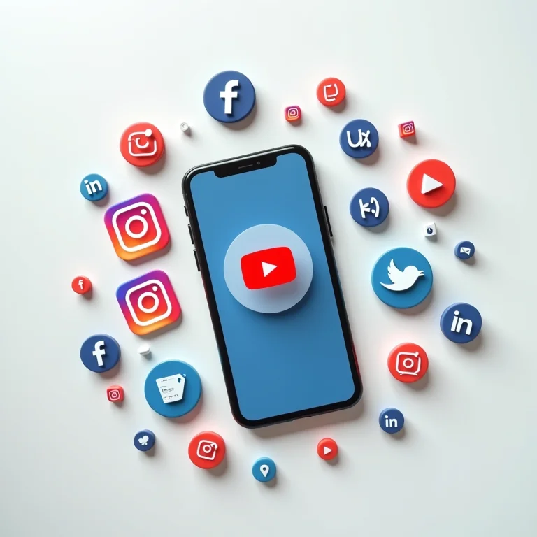 Ícones de redes sociais e smartphone com vídeo, estratégias de divulgação de vídeos