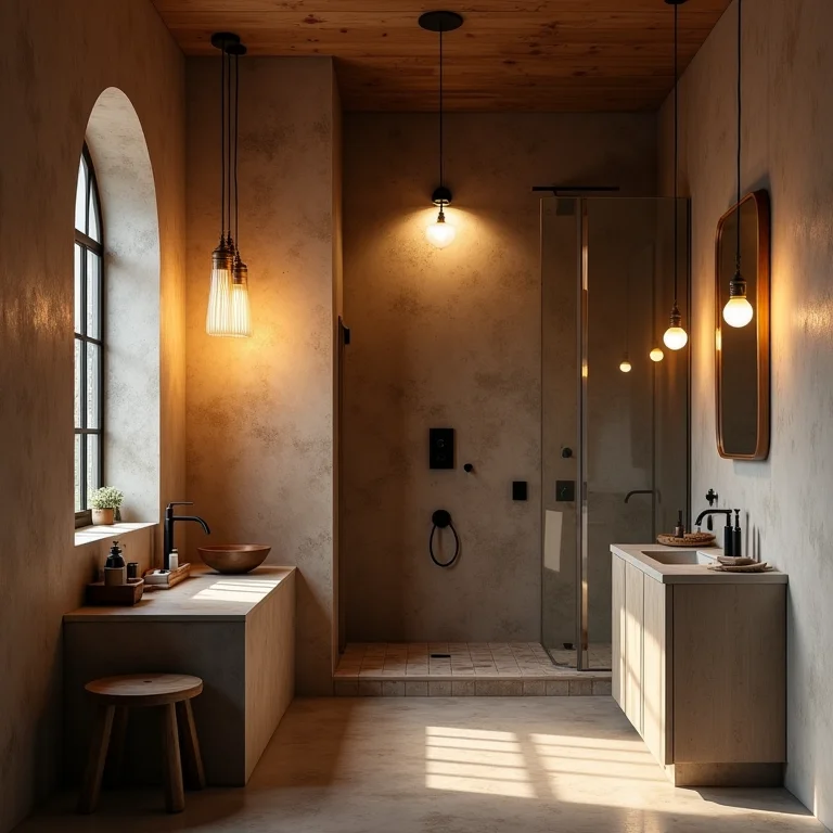 Iluminação em camadas em banheiro rústico.