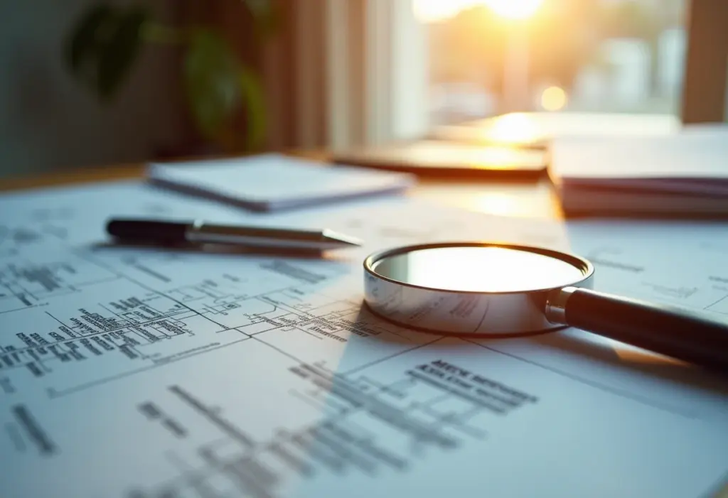 Alerta! 7 erros cruciais ao comprar imóvel na planta Imagem conceitual de planta de imóvel com lupa e documentos