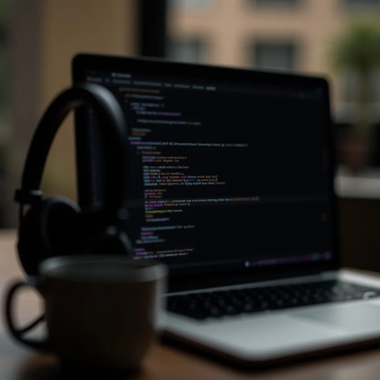 Interface de instalação do Git exibida em um laptop com café e fones de ouvido.