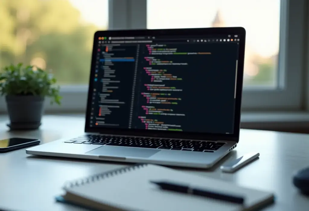 GitHub: O guia definitivo para iniciantes em programação Interface do GitHub exibida em um laptop com acessórios de escritório minimalistas ao redor.
