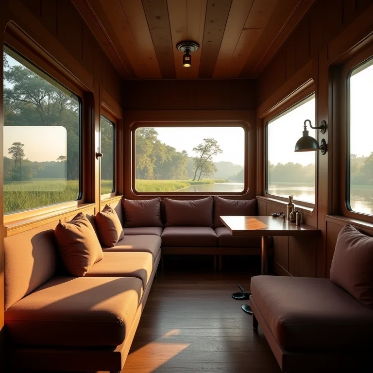 Interior do Trem do Pantanal com janelas amplas