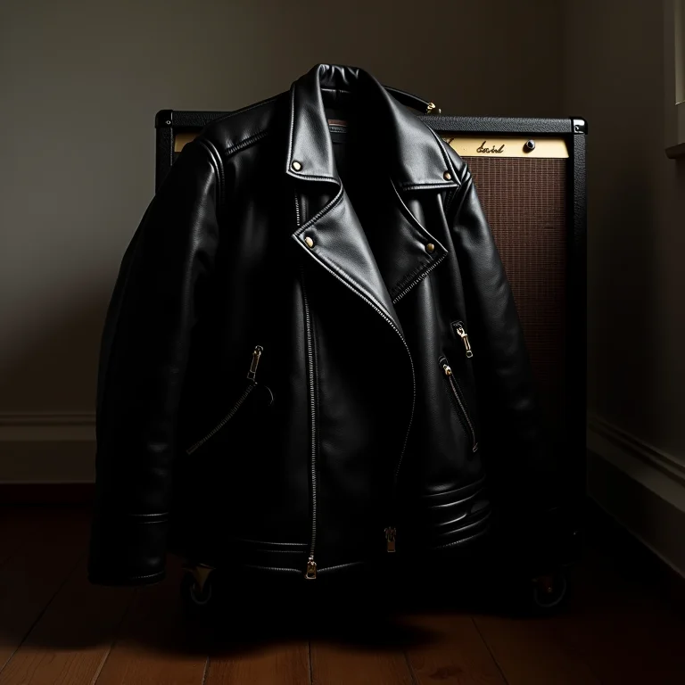 Jaqueta de couro preta sobre amplificador vintage