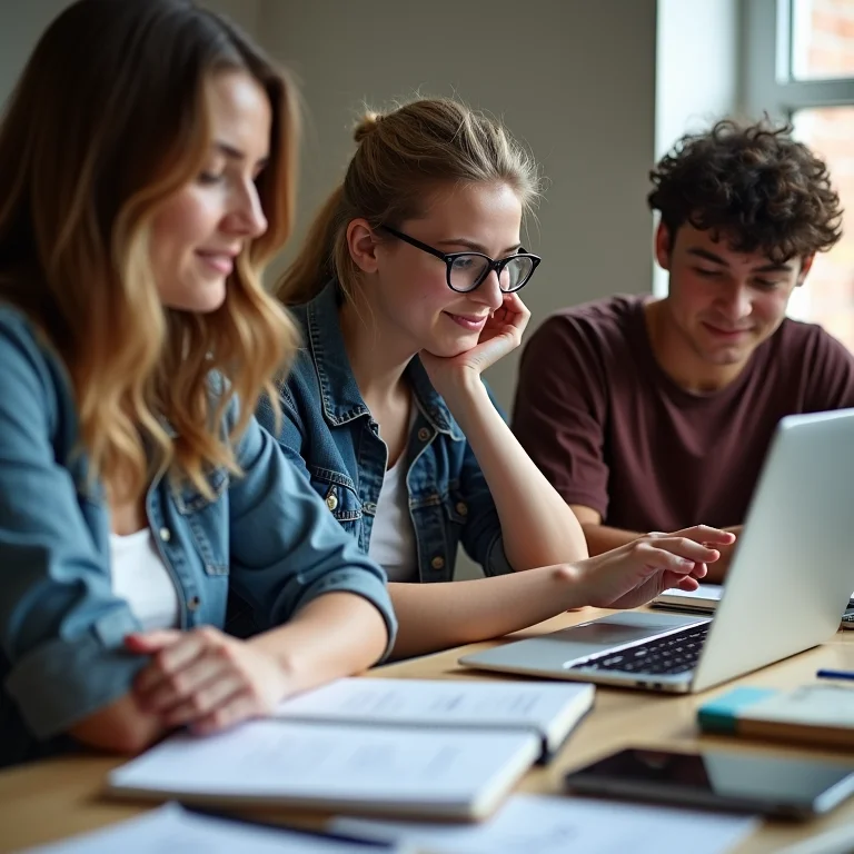 Jovens trabalhando em equipe com notebooks e cadernos.