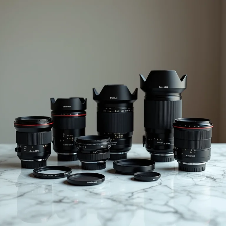 Lentes de câmera profissional e acessórios em superfície de mármore